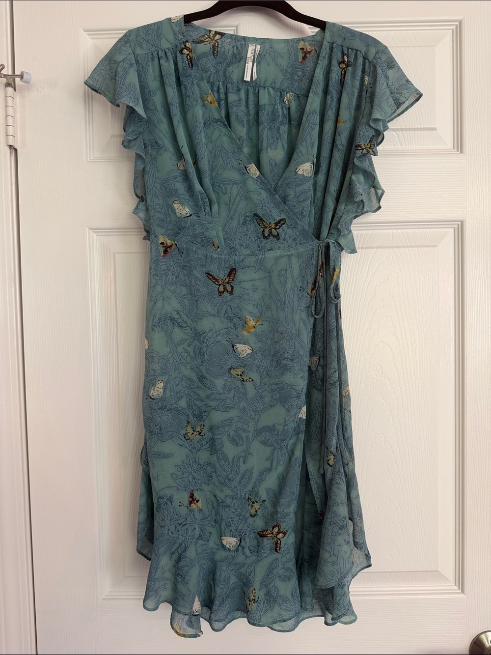 NWOT Anthropologie Teal Butterfly Wrap Dress with Ruffle Sleeves